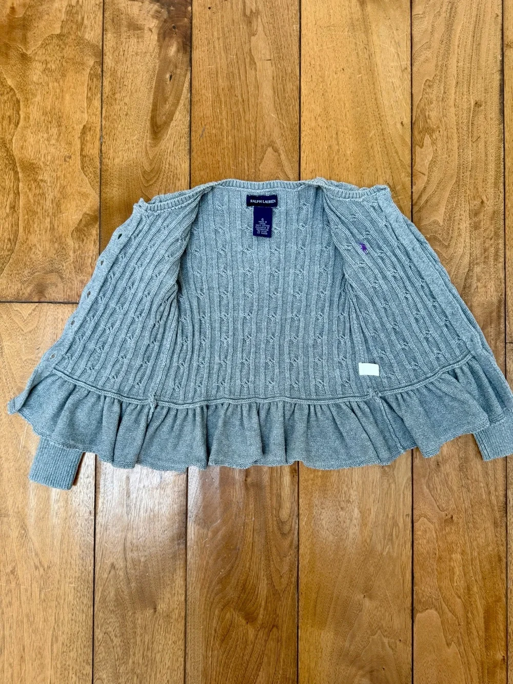 Ralph Lauren Girls Cable Knit Peplum Cardigan Gray Purple Pony Size 6 Cotton